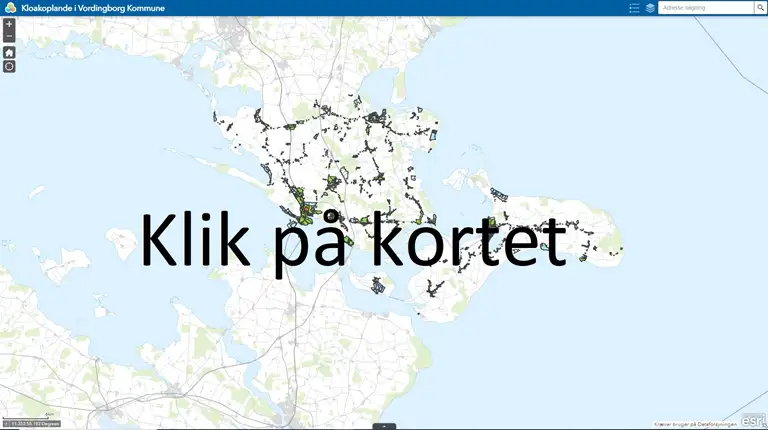 Billedet er et link til et GISkort, hvor man kan slå forskellige lag til og fremsøge forskellige oplysninger om fx kloakprincip på en specifik adresse eller lignende.