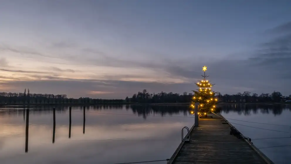 Juletræ på badebro i Præstø Fjord