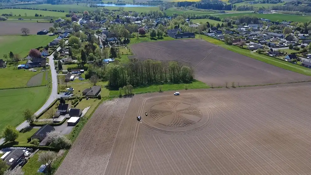 Luftfoto af den nyplantede skov ved Bårse med det synlige indvielseskors i jorden