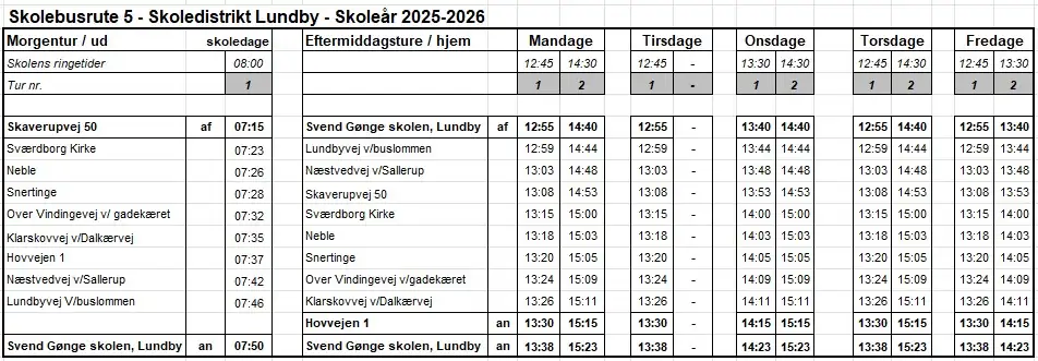 Køreplan for skolebusrute 5