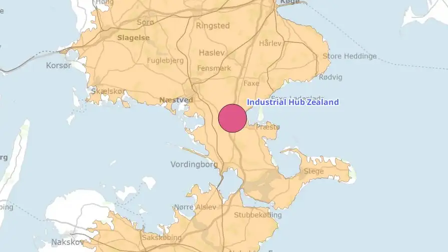 Grafisk illustration af et kort over Sjælland med en rød prik ved Bårse/Tappernøje, hvor den nye industripark skal ligge