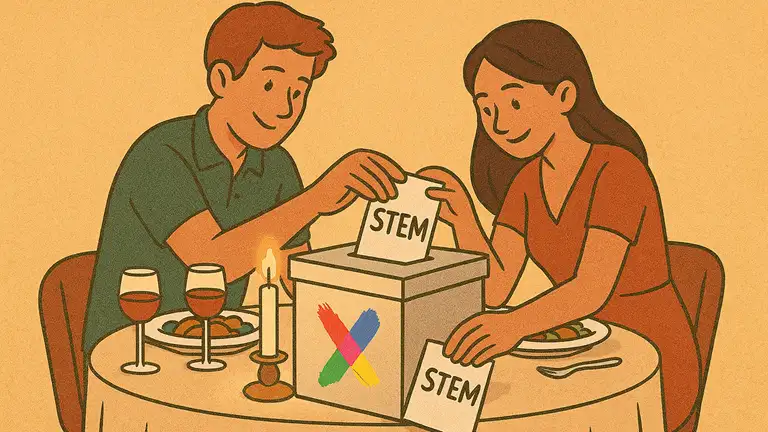 Grafisk illustration af et par, der sidder ved et middagsbord med en stemmeboks foran sig