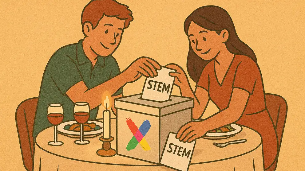 Grafisk illustration af et par, der putter stemmesedler i en boks mens de spiser middag