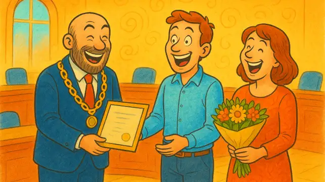 Grafisk illustration med overrækkelse af en pris