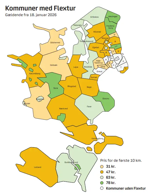 Kort, som viser priserne for flextur i de sj&aelig;llandske kommuner