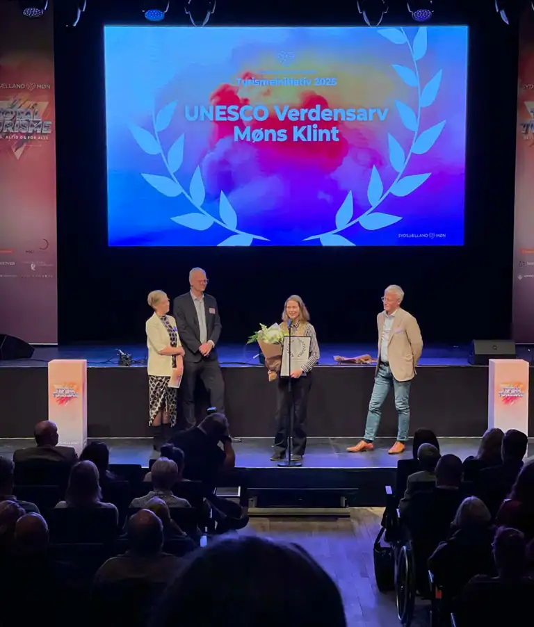 Billeder af mennesker på en scene, hvor den ene modtager en pris