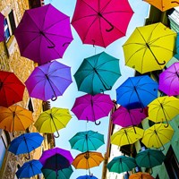 Foto af paraplyer i mange farver